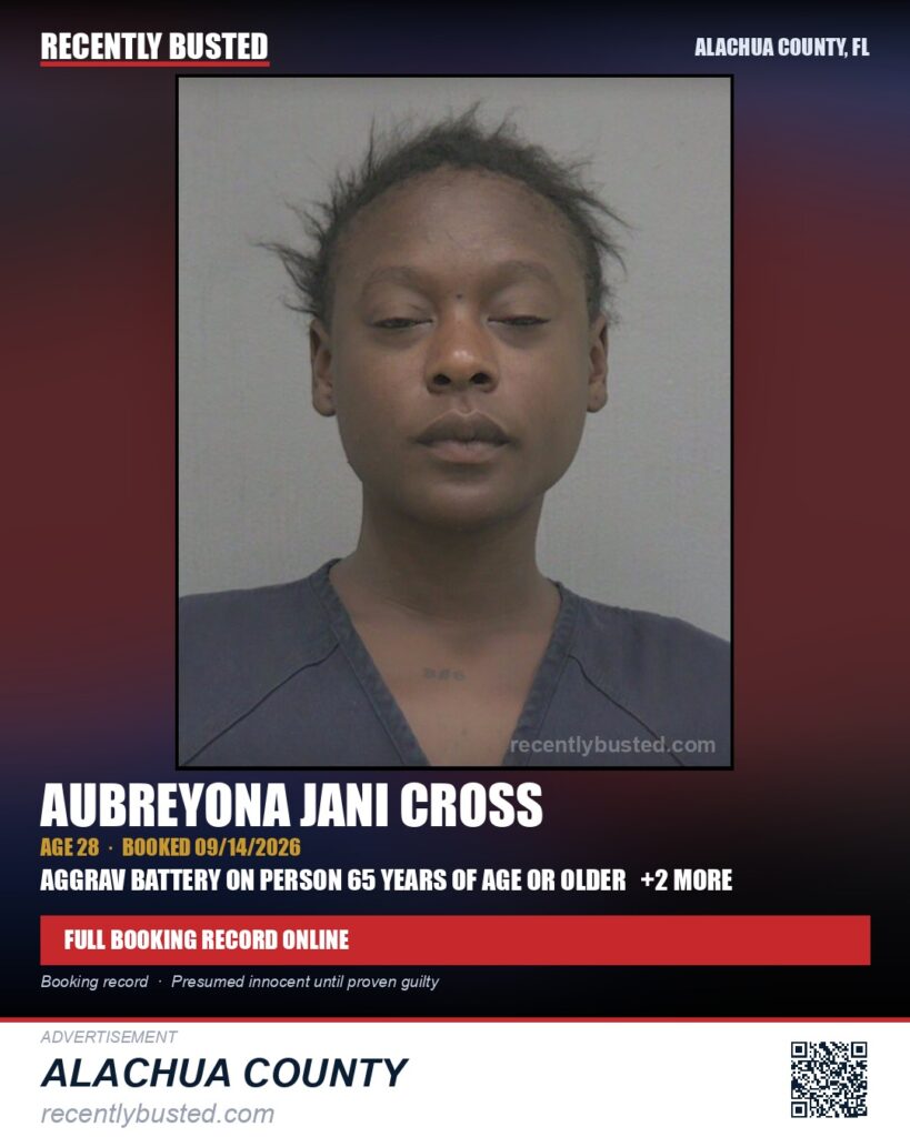 Aubreyona Jani Cross — arrest record card, Alachua County, Florida