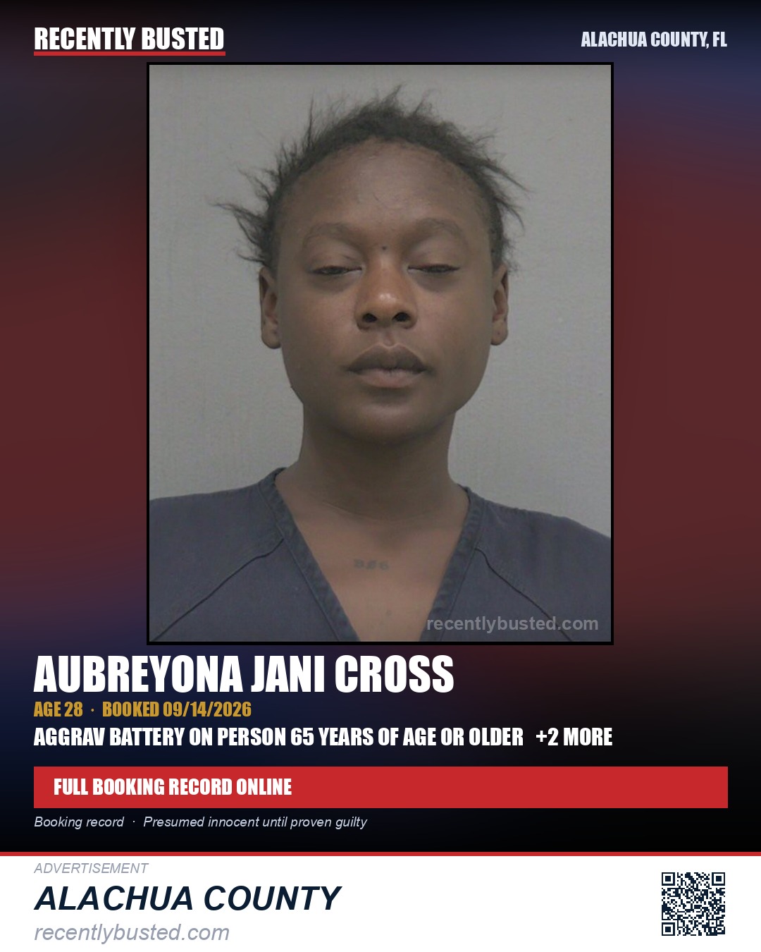 Aubreyona Jani Cross — arrest record card, Alachua County, Florida