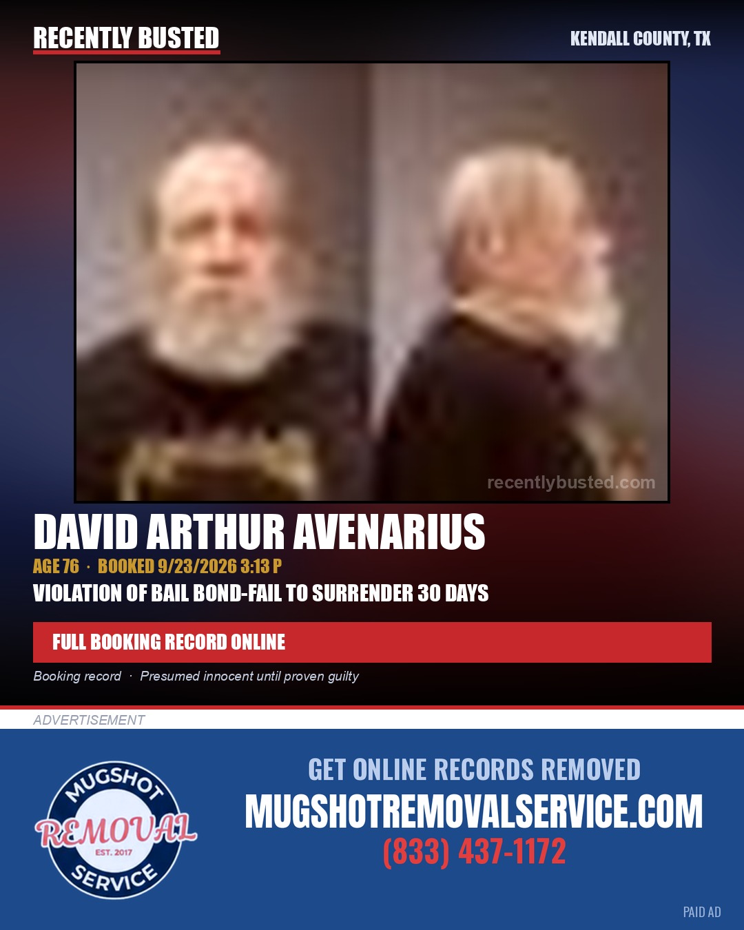 AVENARIUS, DAVID ARTHUR — arrest record card, Kendall County, Illinois