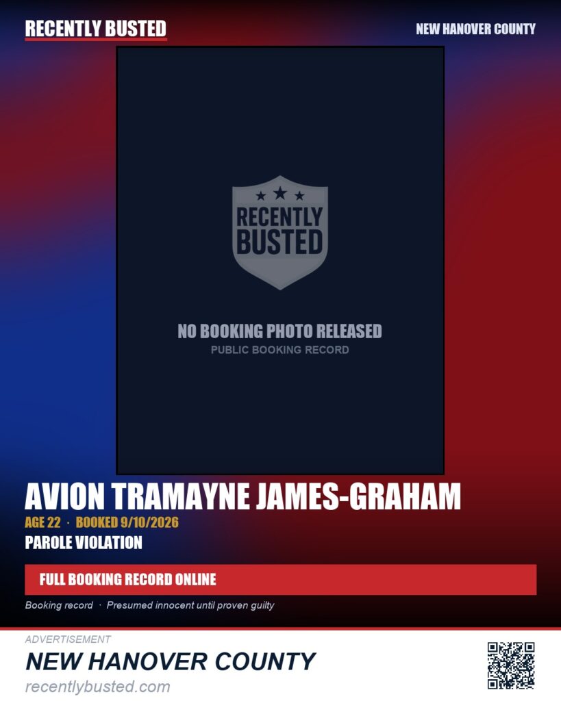 AVION TRAMAYNE JAMES-GRAHAM — arrest record card, New Hanover County