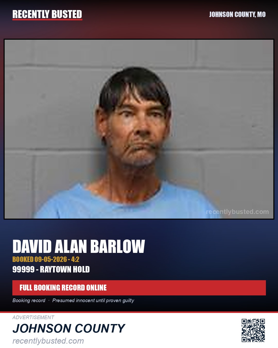 BARLOW, DAVID ALAN — arrest record card, Johnson County, Missouri