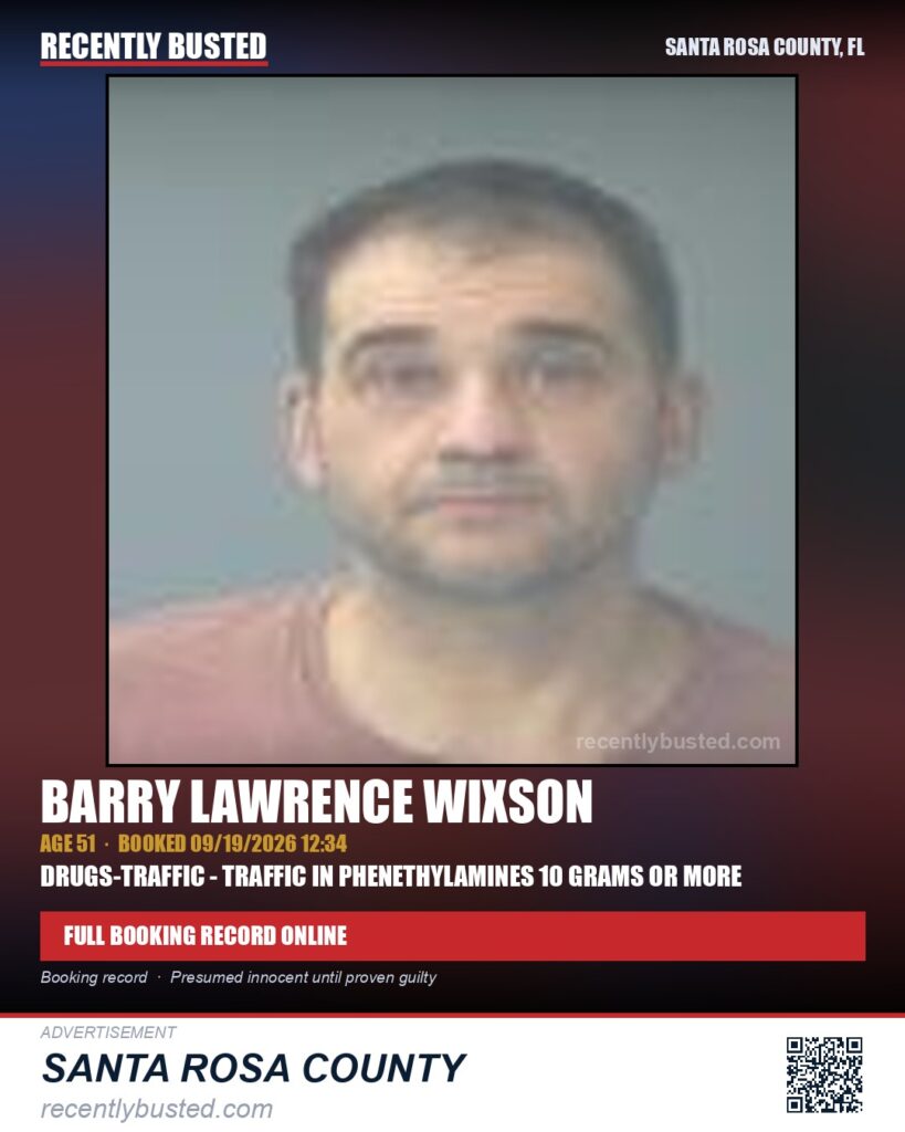 Barry Lawrence Wixson — arrest record card, Santa Rosa County, Florida
