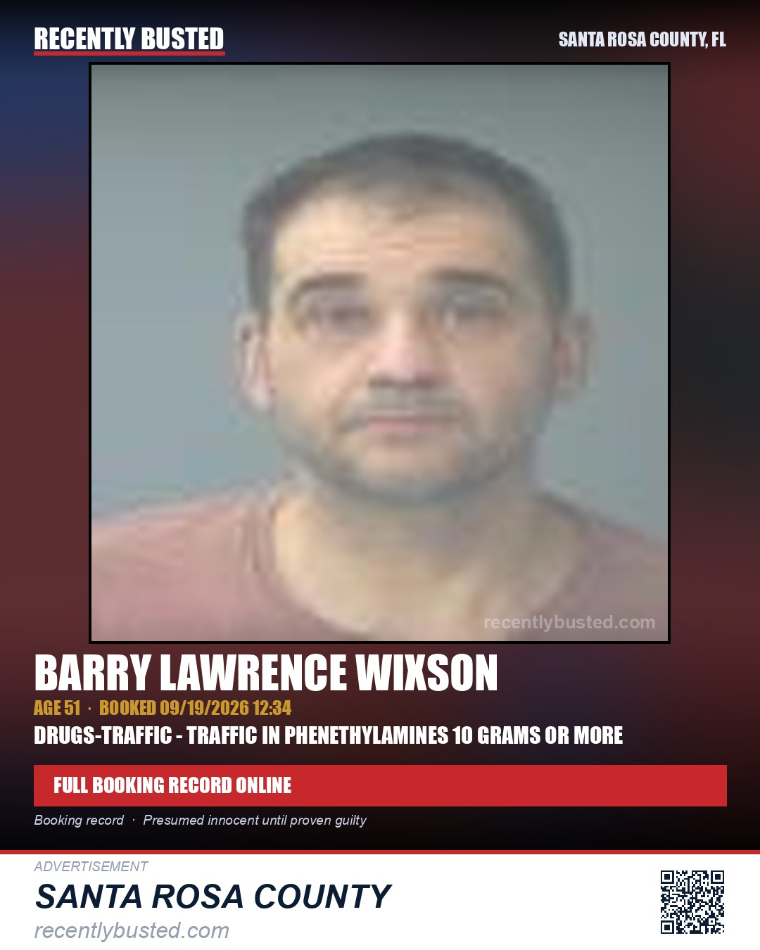 Barry Lawrence Wixson — arrest record card, Santa Rosa County, Florida