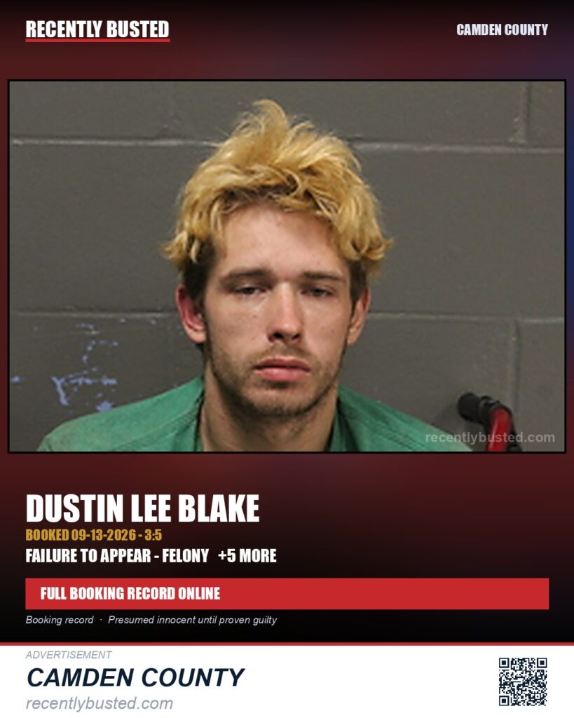 Blake, Dustin Lee — arrest record card, Camden County