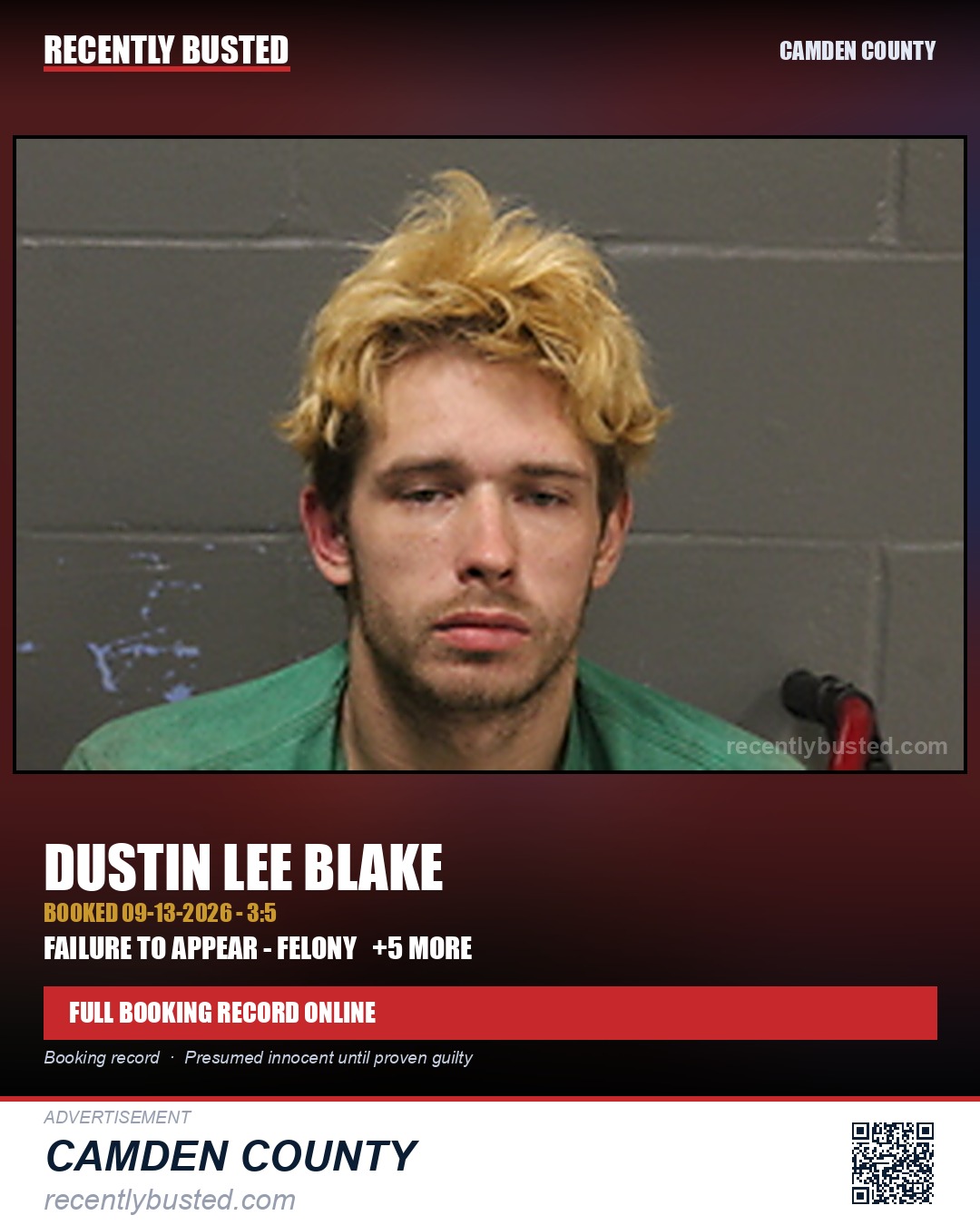 Blake, Dustin Lee — arrest record card, Camden County