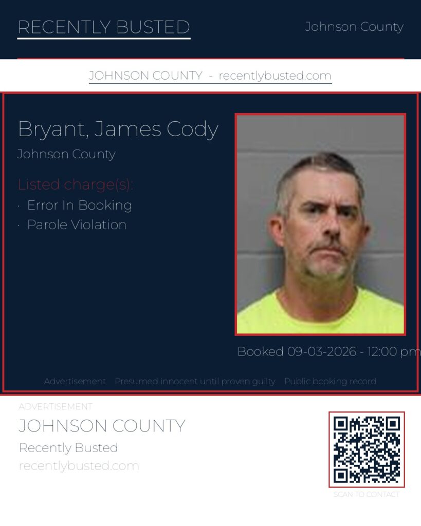 BRYANT, JAMES CODY — arrest record card, Johnson County, Missouri