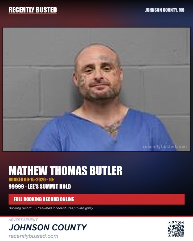BUTLER, MATHEW THOMAS — arrest record card, Johnson County, Missouri