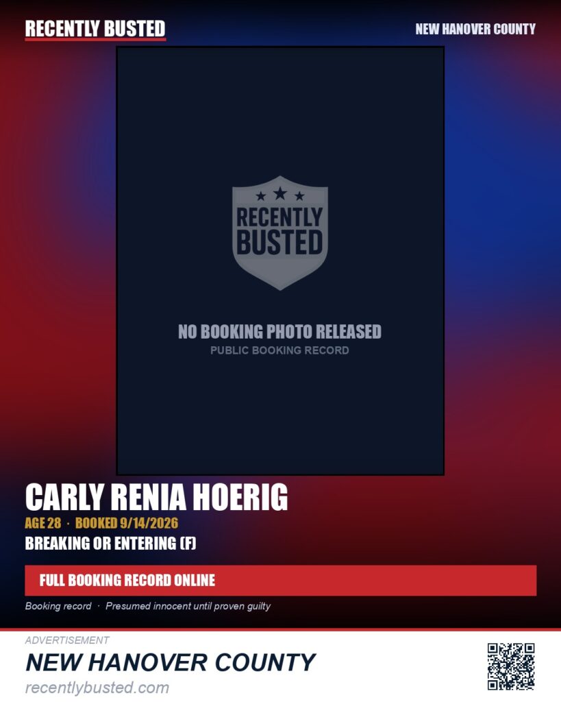 CARLY RENIA HOERIG — arrest record card, New Hanover