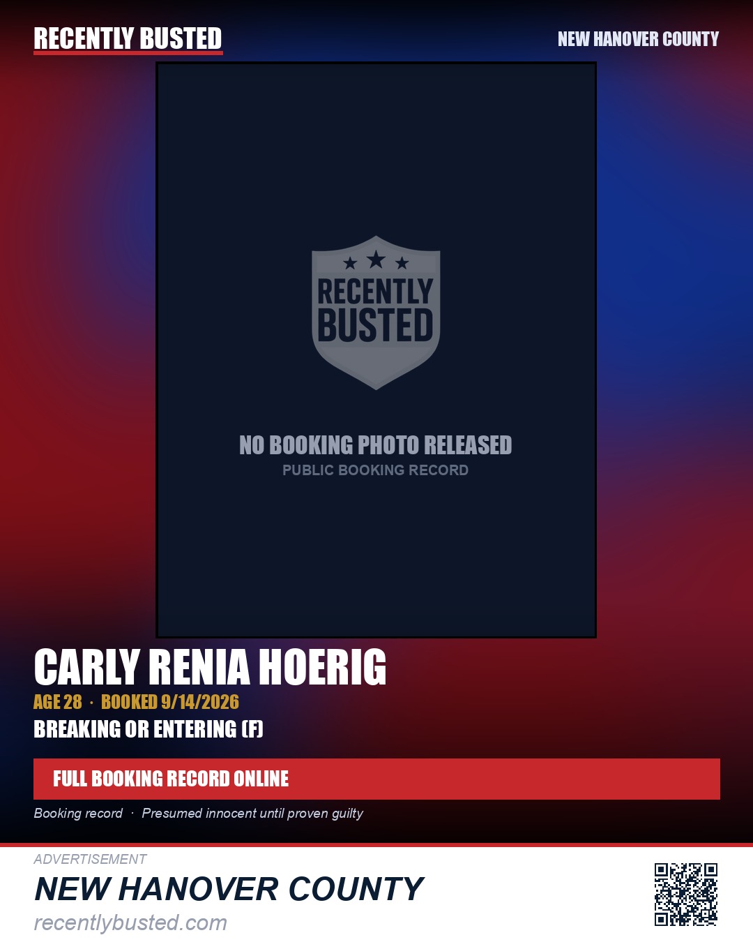 CARLY RENIA HOERIG — arrest record card, New Hanover County