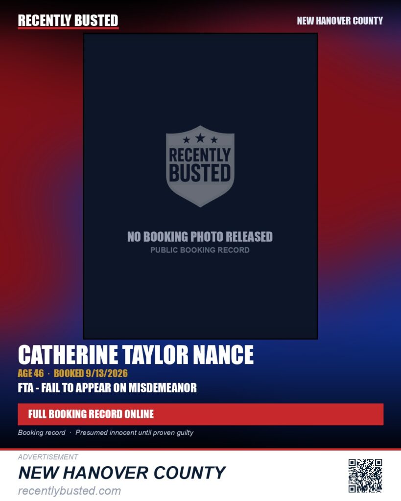 CATHERINE TAYLOR NANCE — arrest record card, New Hanover
