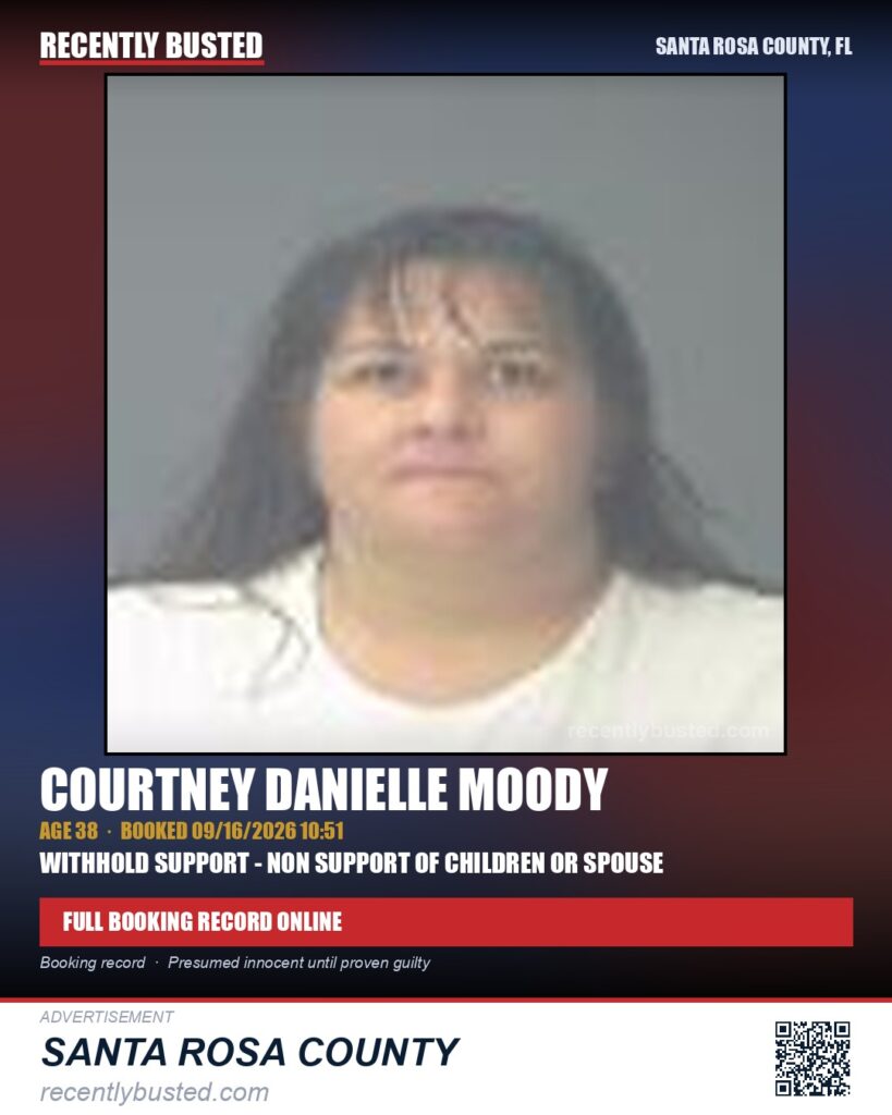 Courtney Danielle Moody — arrest record card, Santa Rosa County, Florida