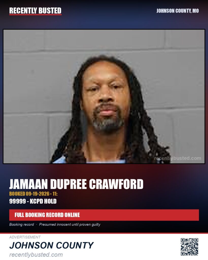 CRAWFORD, JAMAAN DUPREE — arrest record card, Johnson County, Missouri