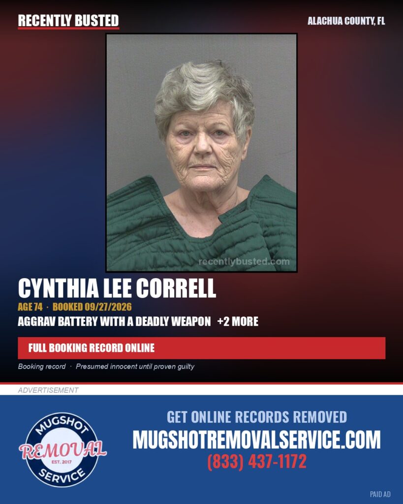 Cynthia Lee Correll — arrest record card, Alachua County, Florida