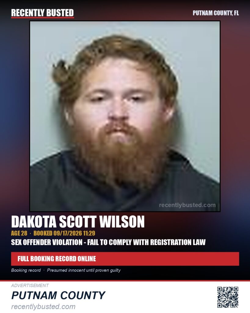 Dakota Scott Wilson — arrest record card, Putnam County, Florida