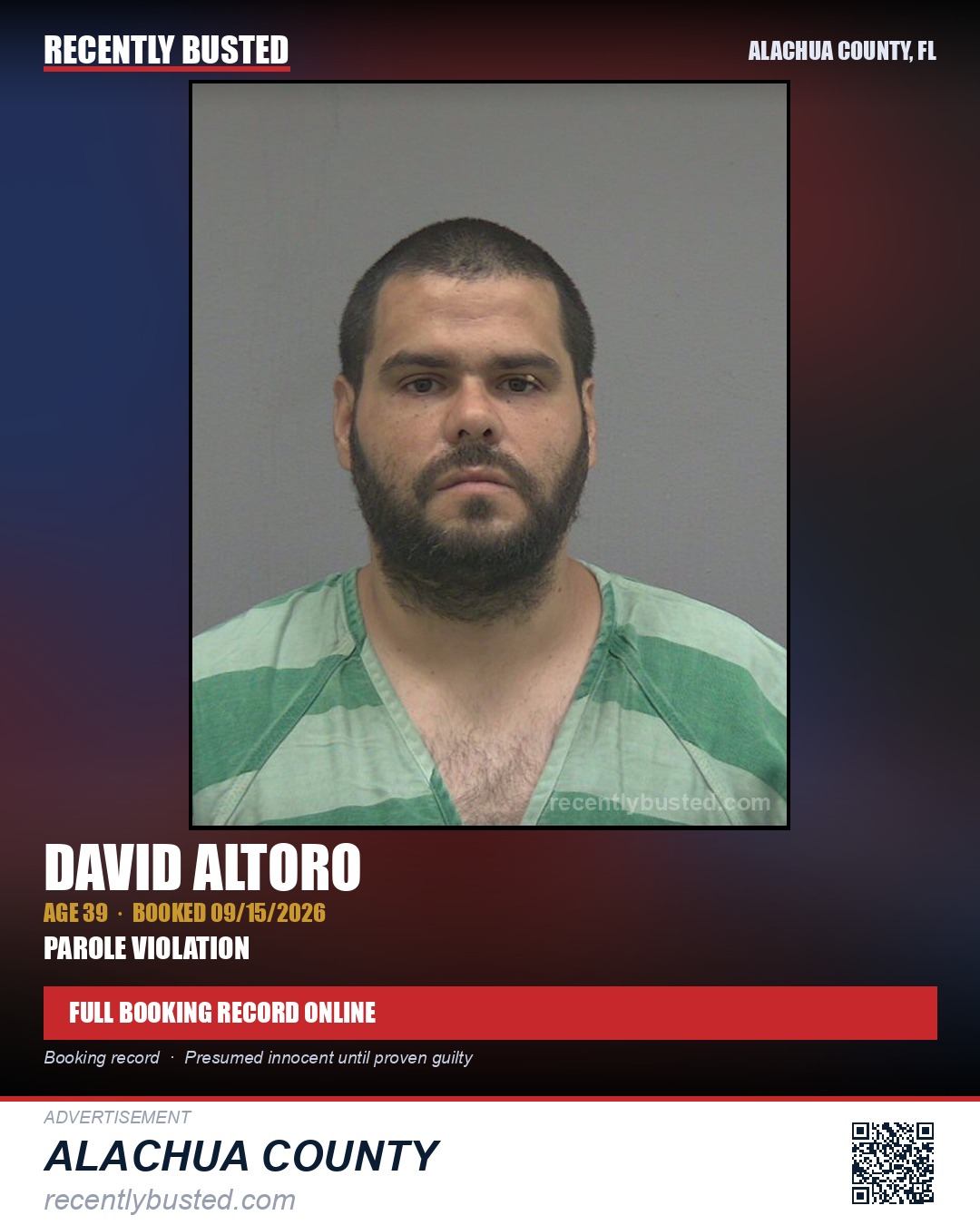 David Altoro — arrest record card, Alachua County, Florida