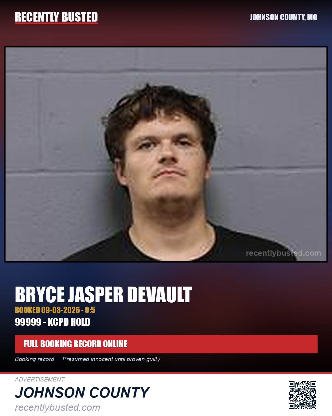 DEVAULT, BRYCE JASPER — arrest record card, Johnson County, Missouri