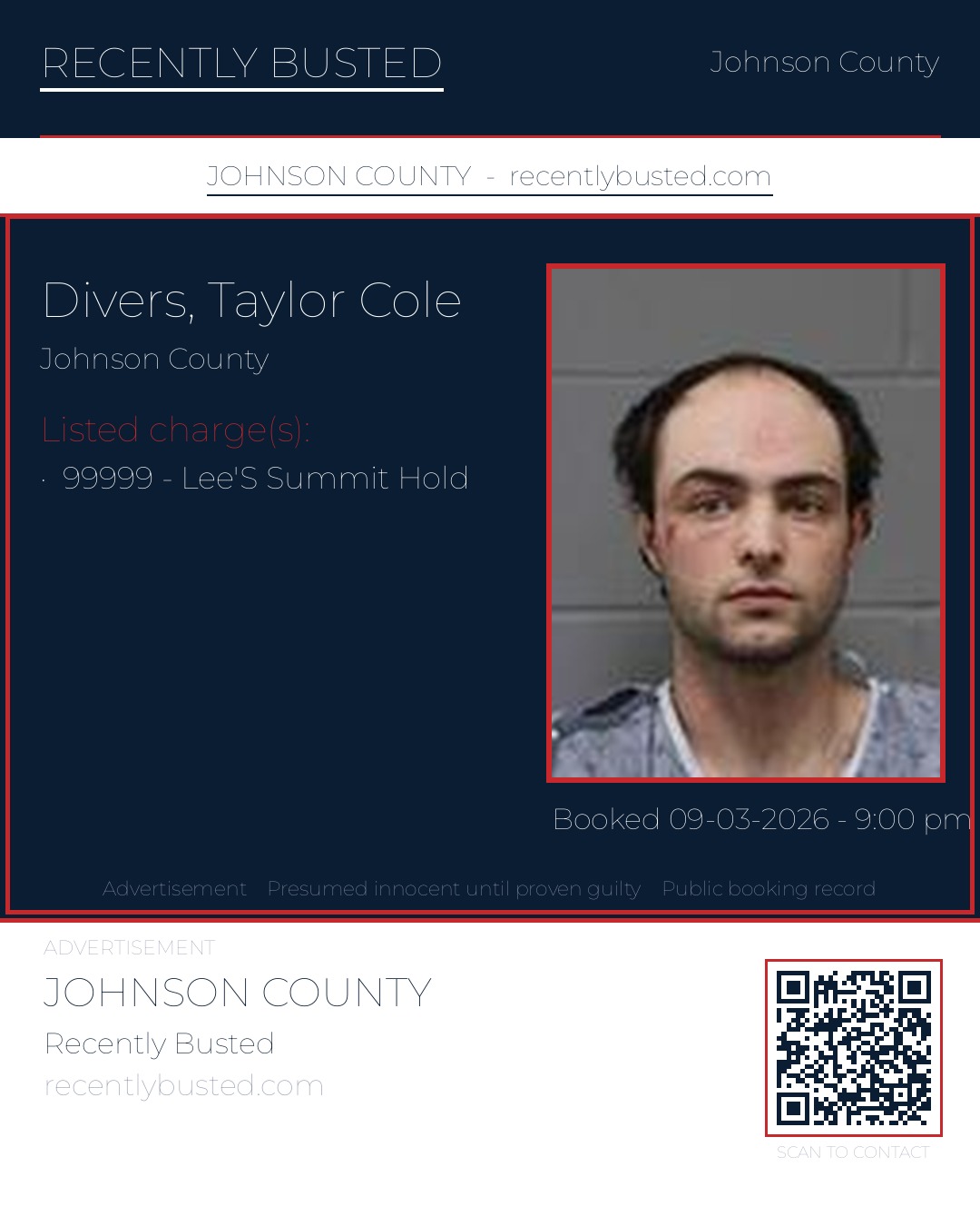 DIVERS, TAYLOR COLE — arrest record card, Johnson County, Missouri