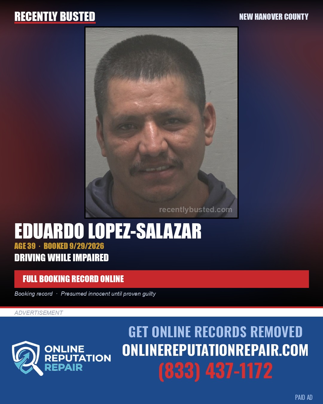 EDUARDO LOPEZ-SALAZAR — arrest record card, New Hanover County