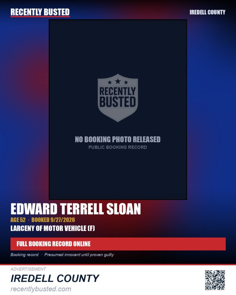 EDWARD TERRELL SLOAN — arrest record card, Iredell County