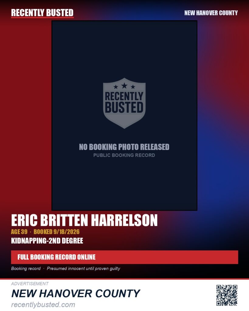 ERIC BRITTEN HARRELSON — arrest record card, New Hanover