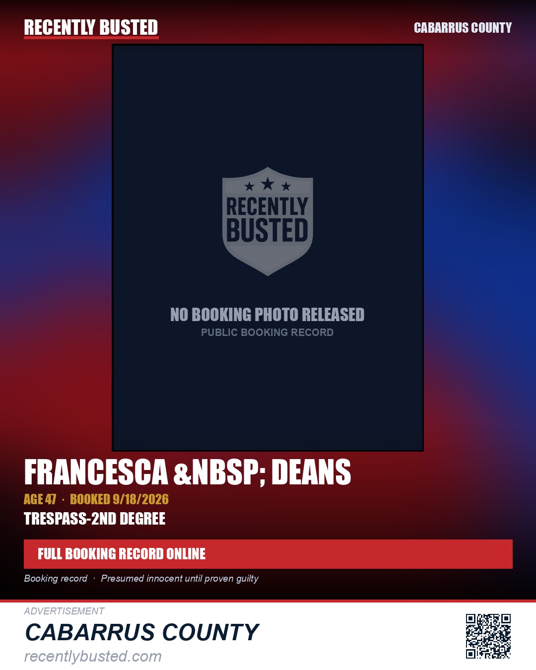 FRANCESCA &nbsp; DEANS — arrest record card, Cabarrus County