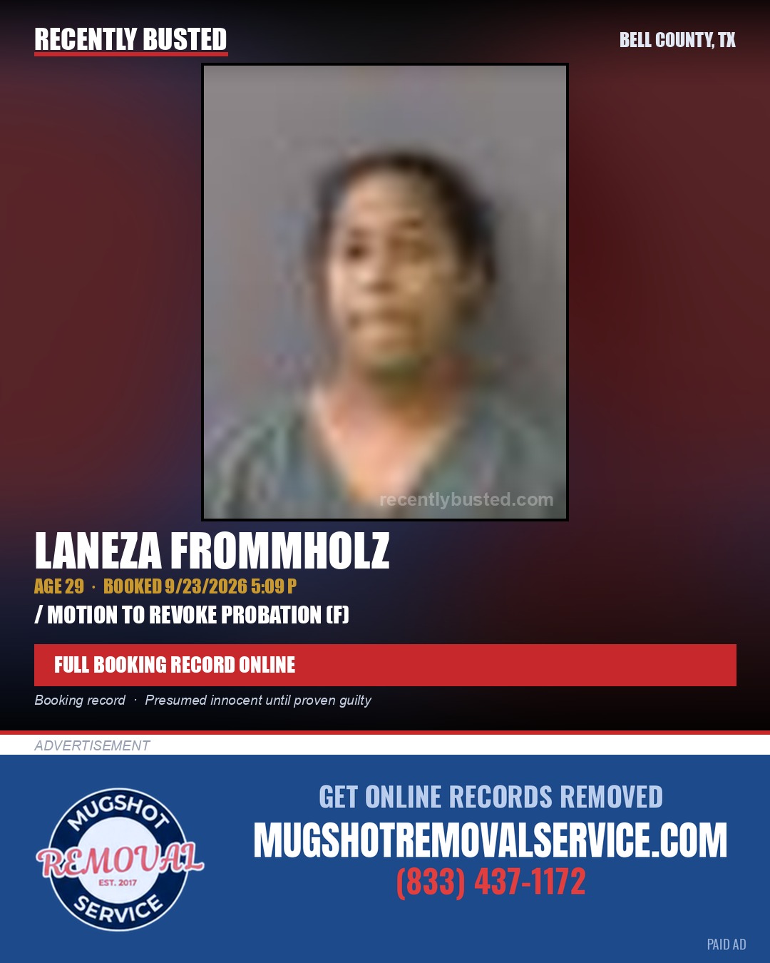 FROMMHOLZ, LANEZA — arrest record card, Bell County, Texas