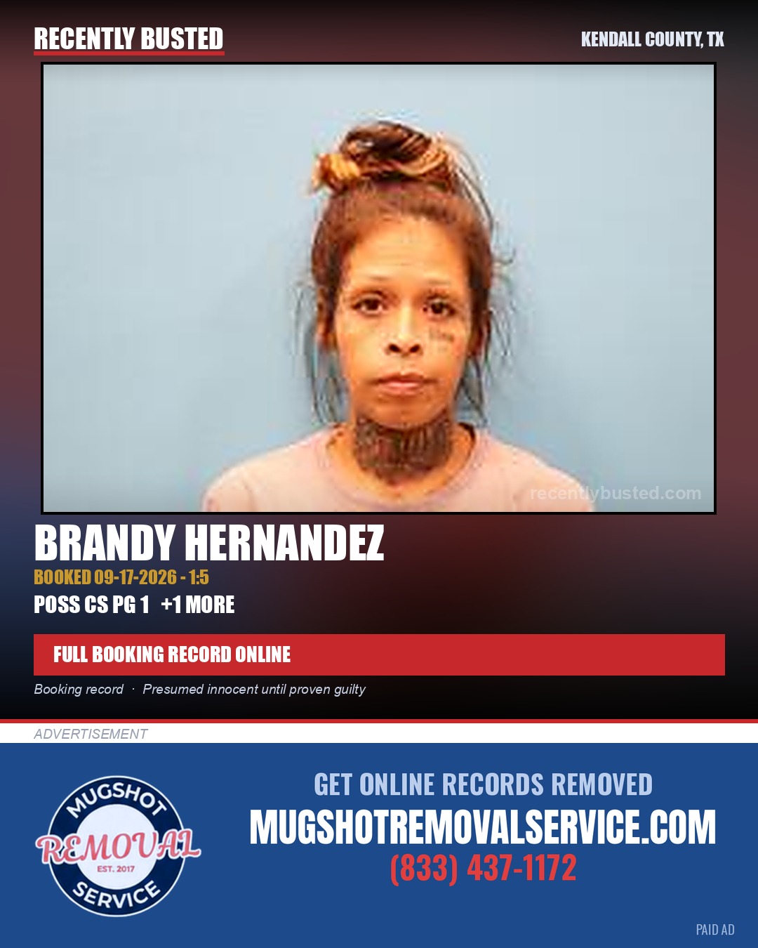 Hernandez, Brandy — arrest record card, Kendall County, Texas