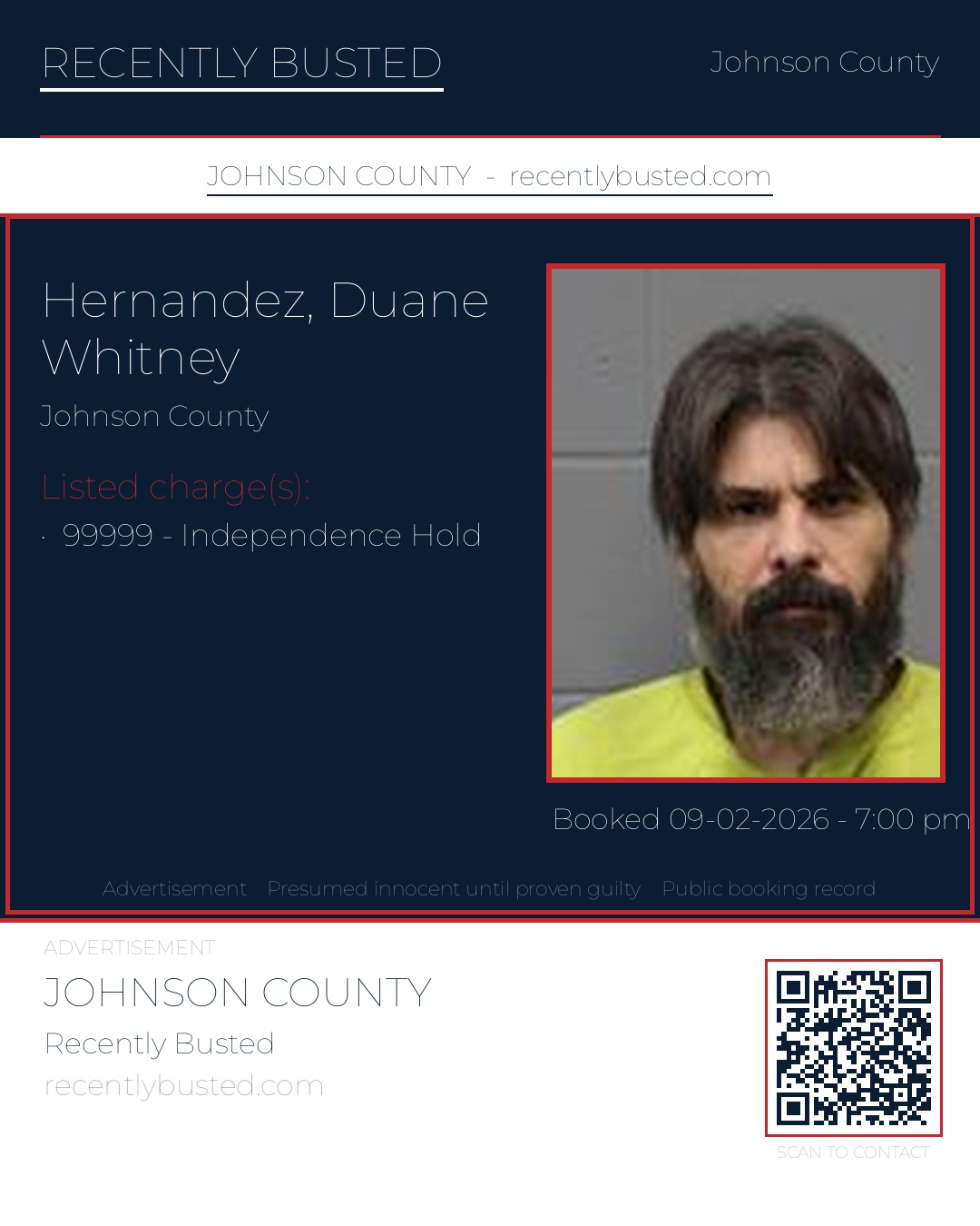 HERNANDEZ, DUANE WHITNEY — arrest record card, Johnson County, Missouri