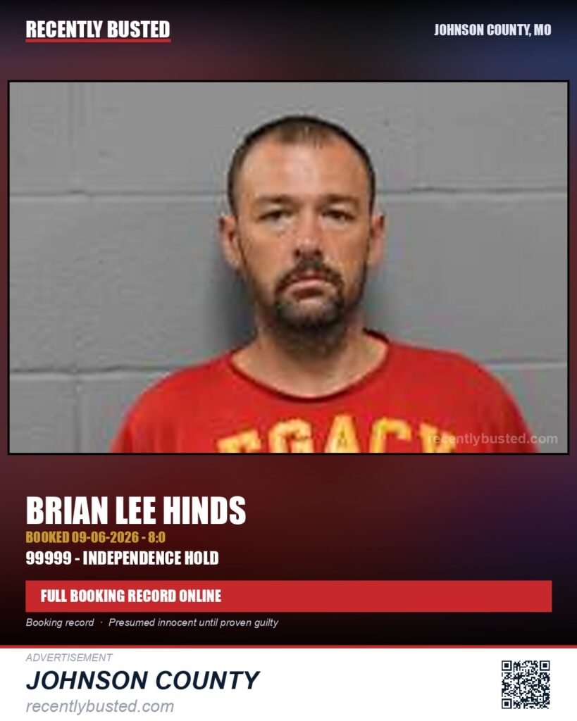 HINDS, BRIAN LEE — arrest record card, Johnson County, Missouri