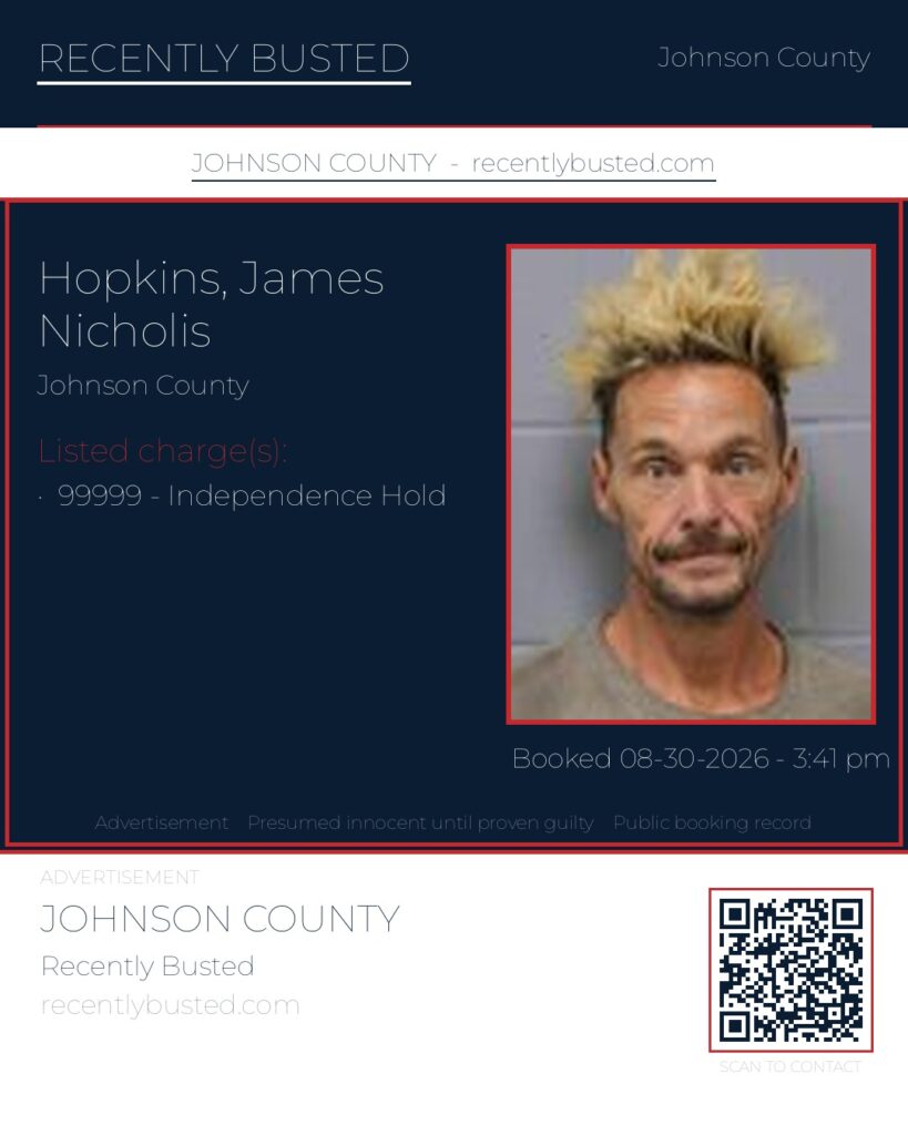 HOPKINS, JAMES NICHOLIS — arrest record card, Johnson County, Missouri
