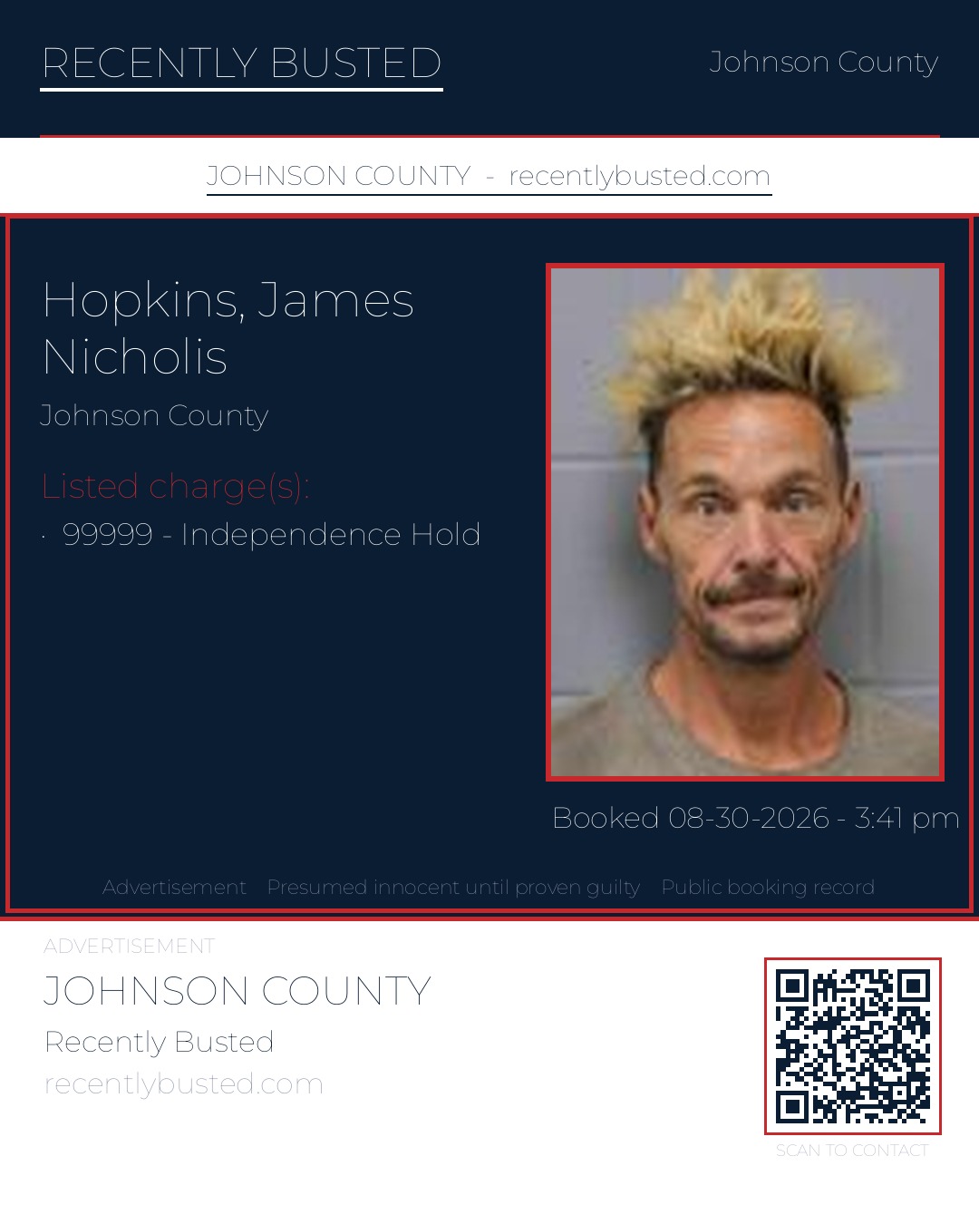HOPKINS, JAMES NICHOLIS — arrest record card, Johnson County, Missouri