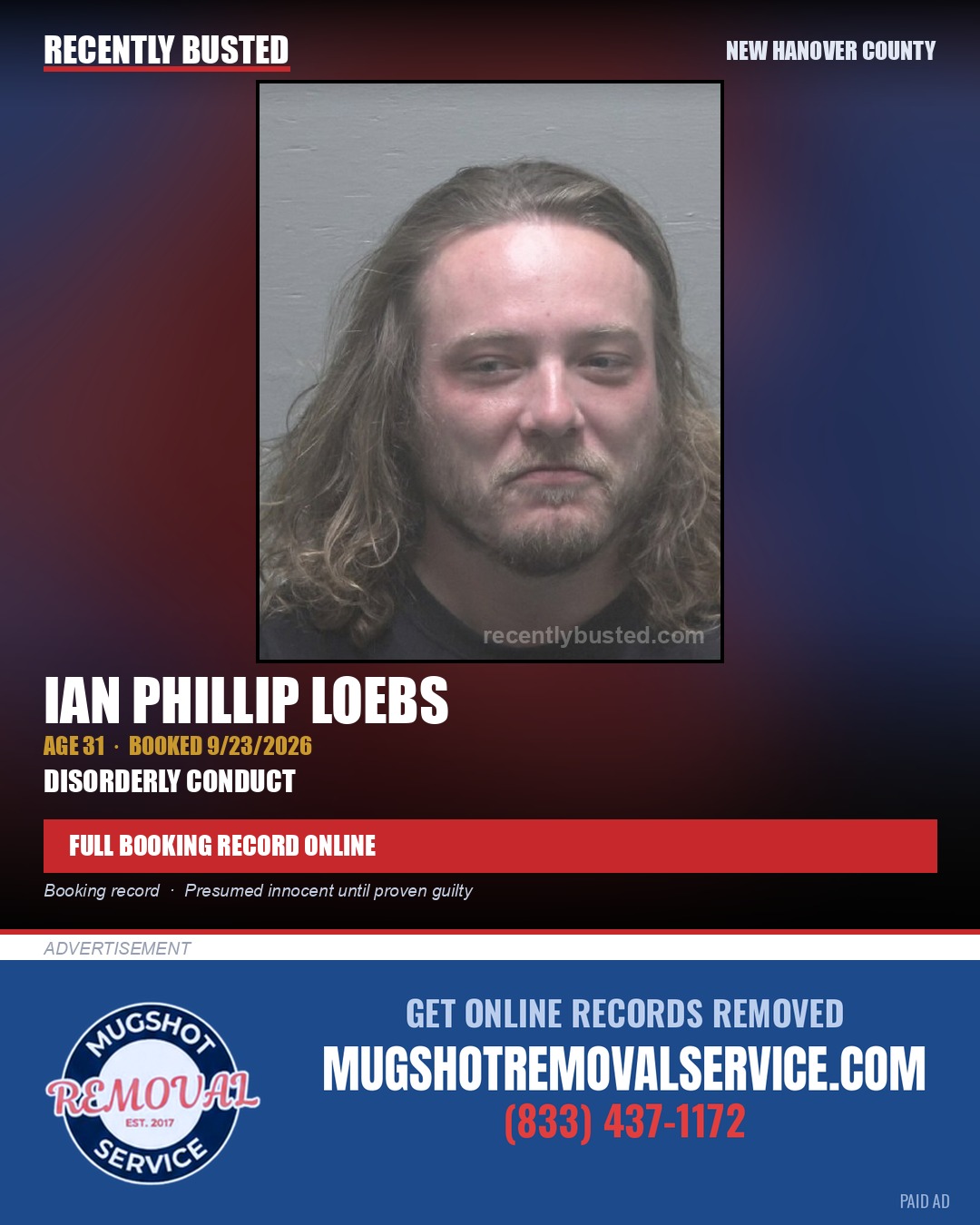IAN PHILLIP LOEBS — arrest record card, New Hanover County