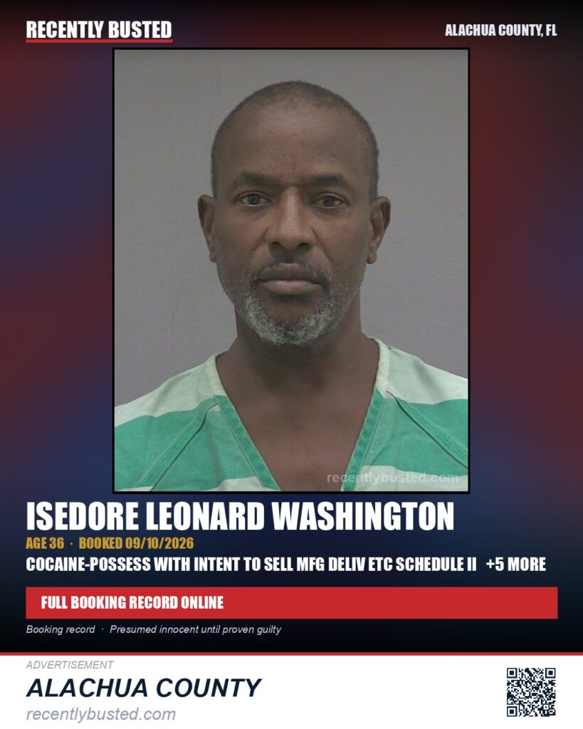 Isedore Leonard Washington — arrest record card, Alachua County, Florida