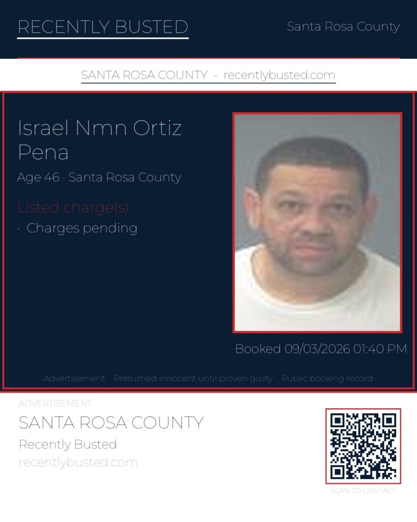 Israel Nmn Ortiz Pena — arrest record card, Santa Rosa County, Florida