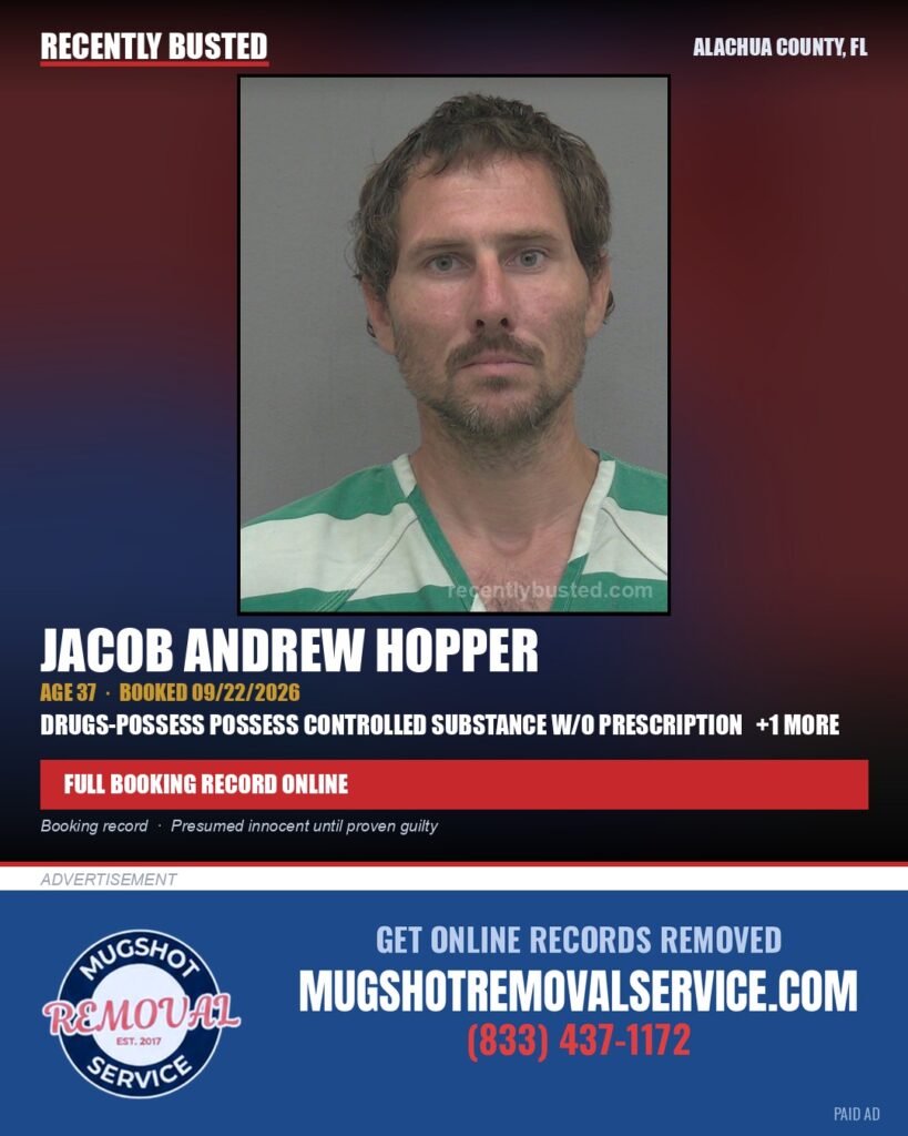 Jacob Andrew Hopper — arrest record card, Alachua County, Florida