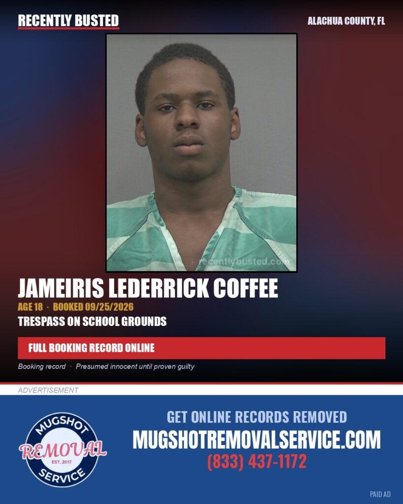 Jameiris Lederrick Coffee — arrest record card, Alachua County, Florida