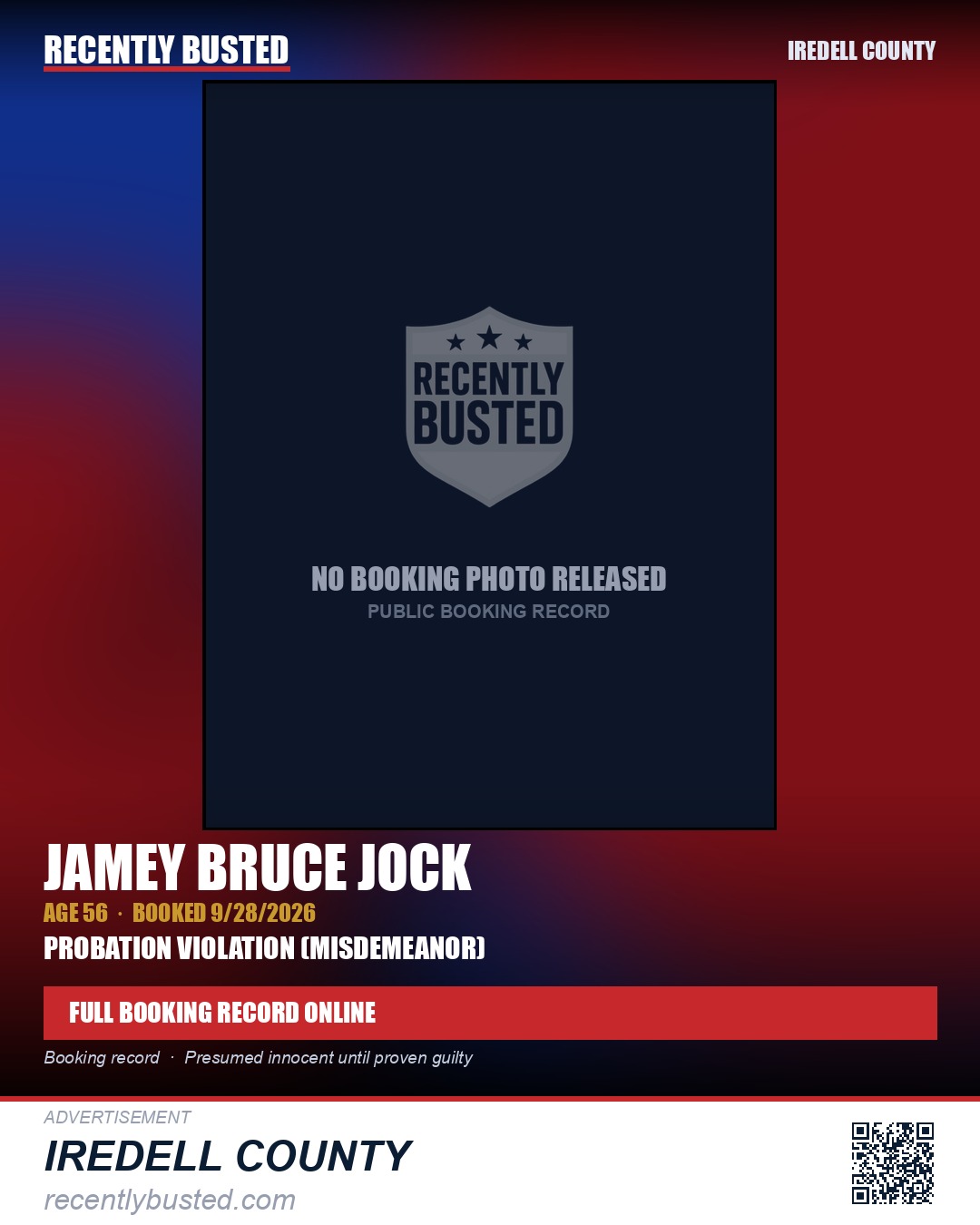 JAMEY BRUCE JOCK — arrest record card, Iredell County