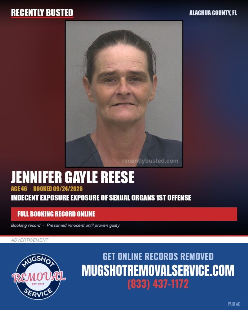 Jennifer Gayle Reese — arrest record card, Alachua County, Florida