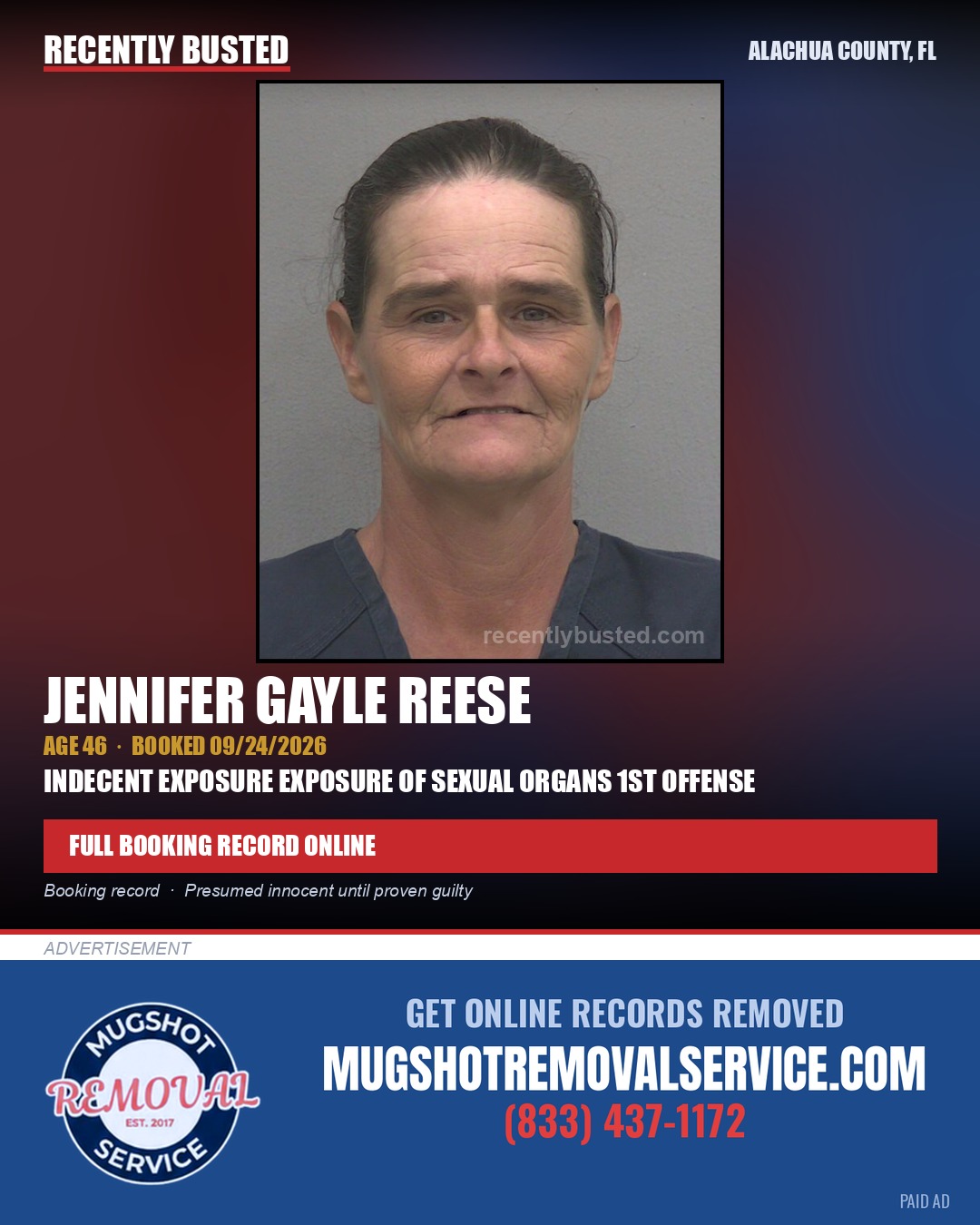 Jennifer Gayle Reese — arrest record card, Alachua County, Florida
