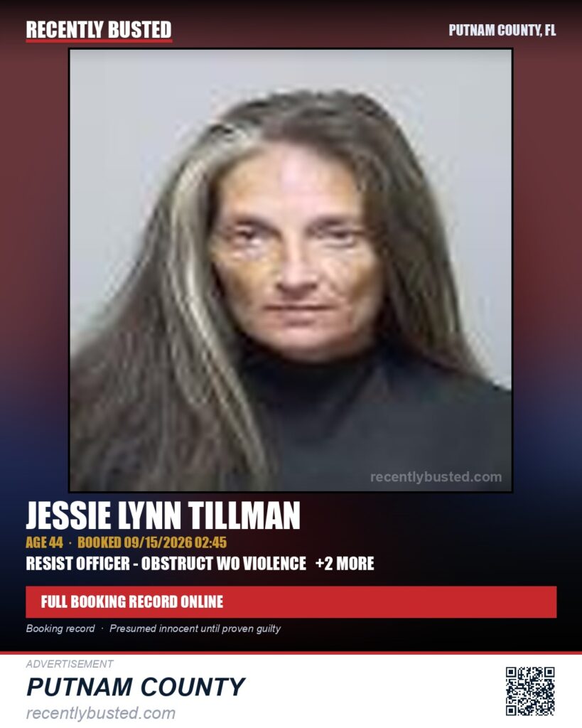 Jessie Lynn Tillman — arrest record card, Putnam County, Florida