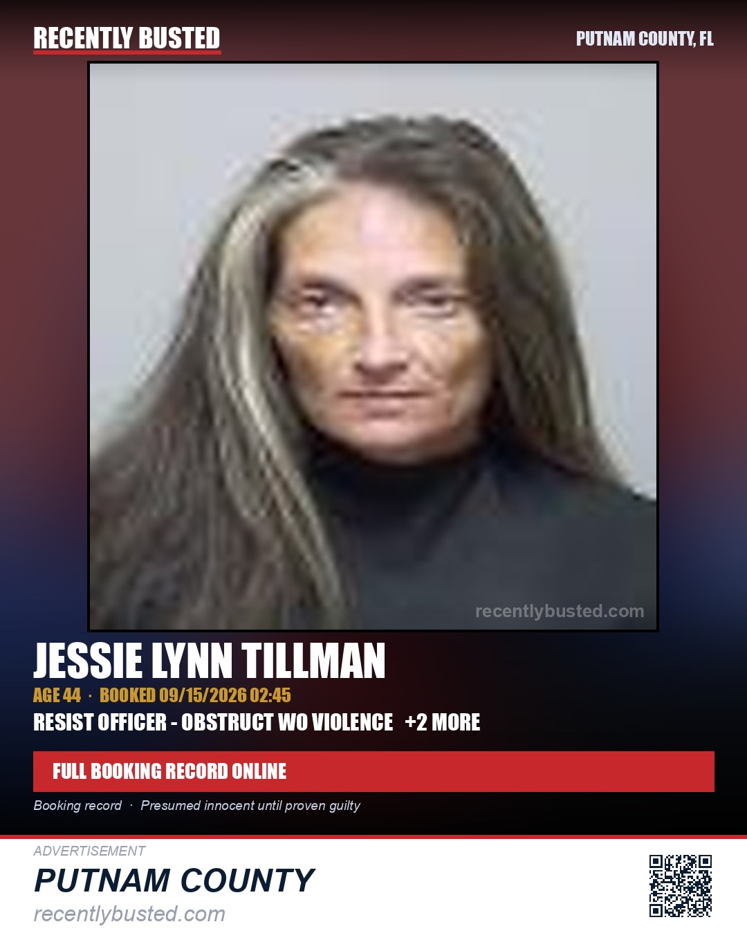 Jessie Lynn Tillman — arrest record card, Putnam County, Florida