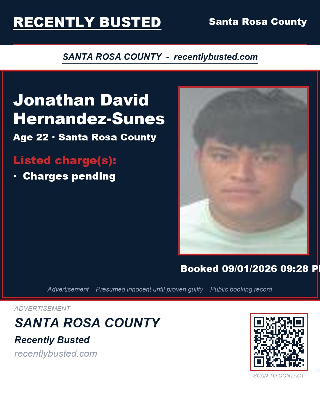 Jonathan David Hernandez-Sunes — arrest record card, Santa Rosa County, Florida