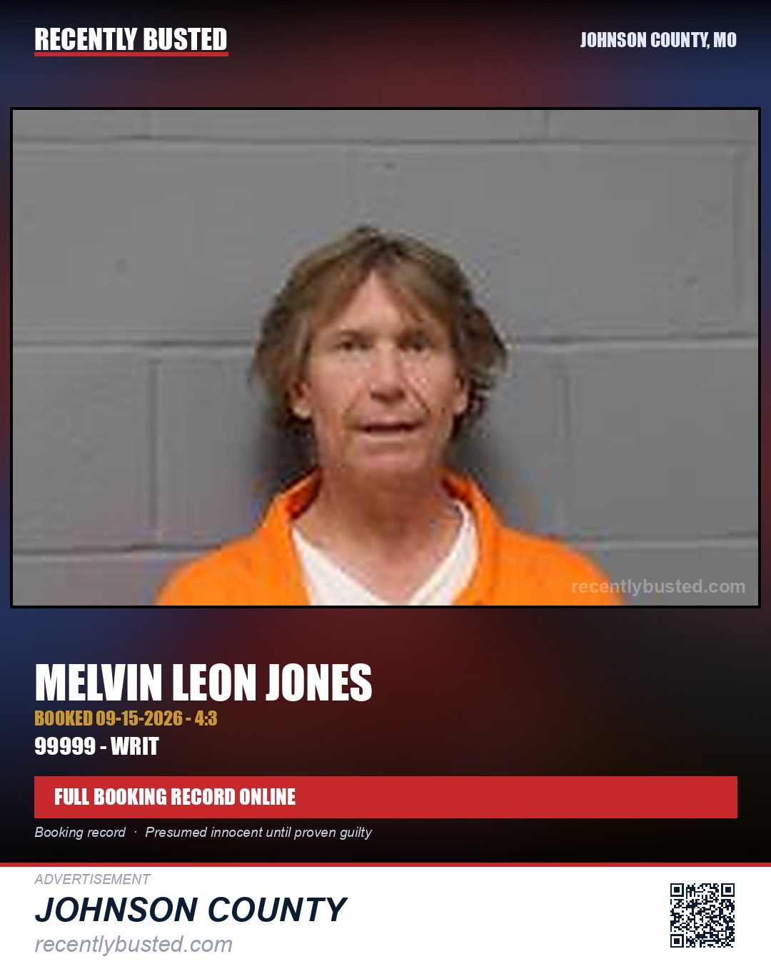 JONES, MELVIN LEON — arrest record card, Johnson County, Missouri