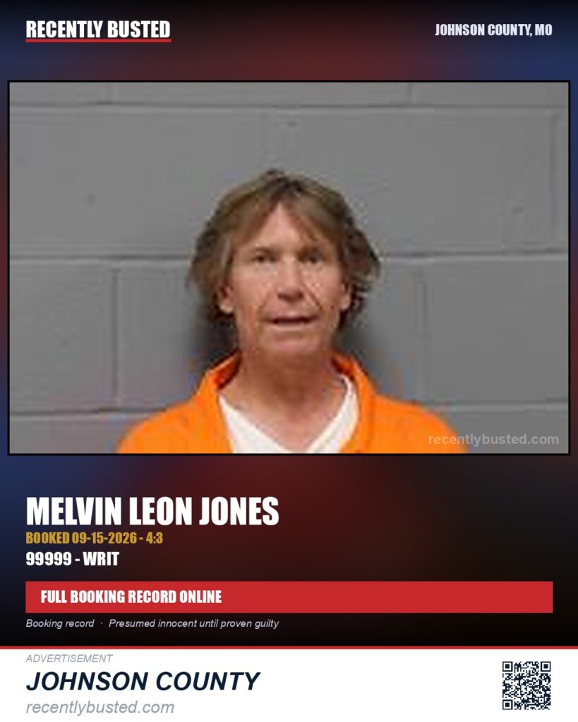 JONES, MELVIN LEON — arrest record card, Johnson County, Missouri