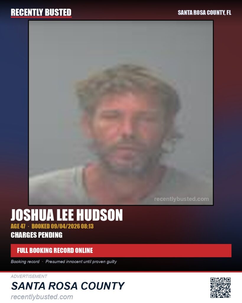 Joshua Lee Hudson — arrest record card, Santa Rosa County, Florida