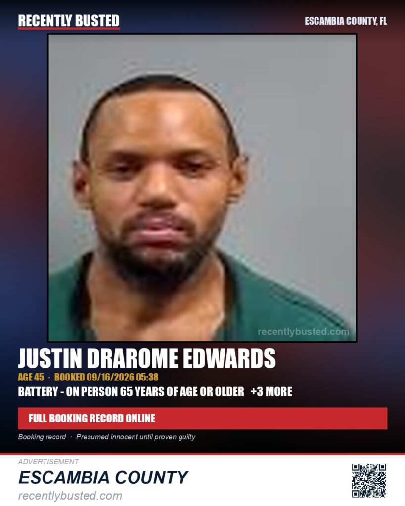 Justin Drarome Edwards — arrest record card, Escambia County, Florida