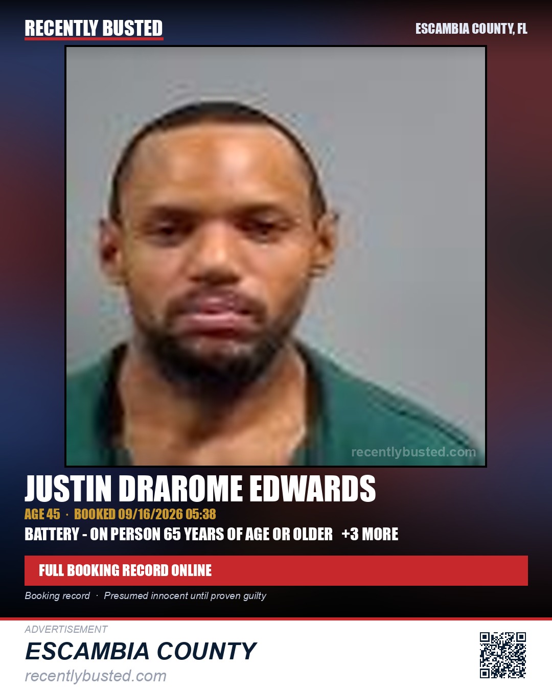 Justin Drarome Edwards — arrest record card, Escambia County, Florida