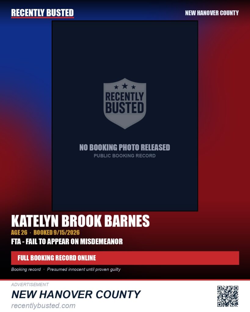 KATELYN BROOK BARNES — arrest record card, New Hanover