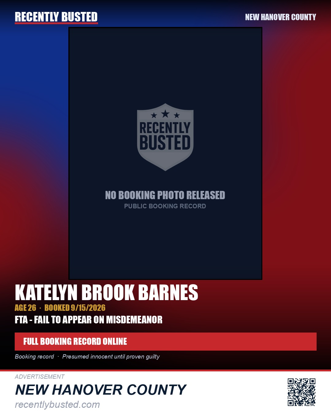 KATELYN BROOK BARNES — arrest record card, New Hanover County