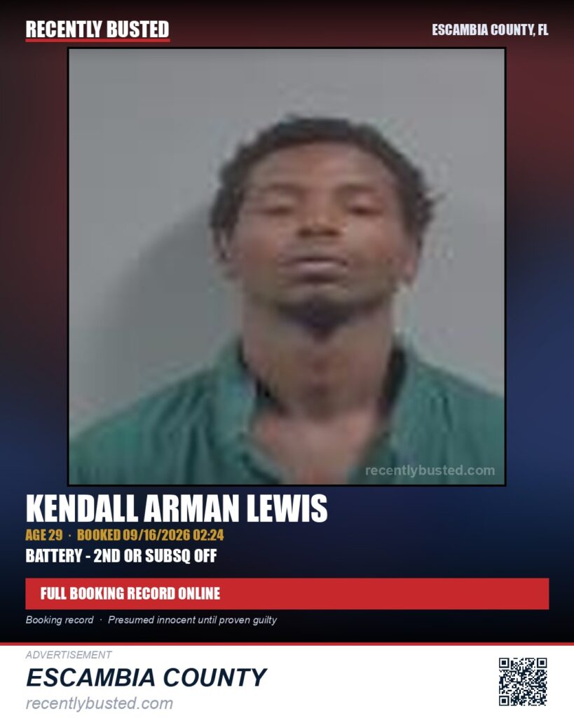 Kendall Arman Lewis — arrest record card, Escambia County, Florida